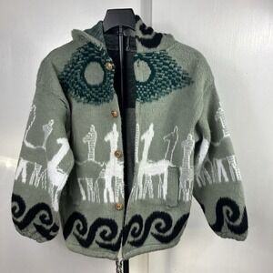 Best Guess - TEJIDOS ATAHUALPA Vtg Wool Sweater Hood Buttons Alpaca Print